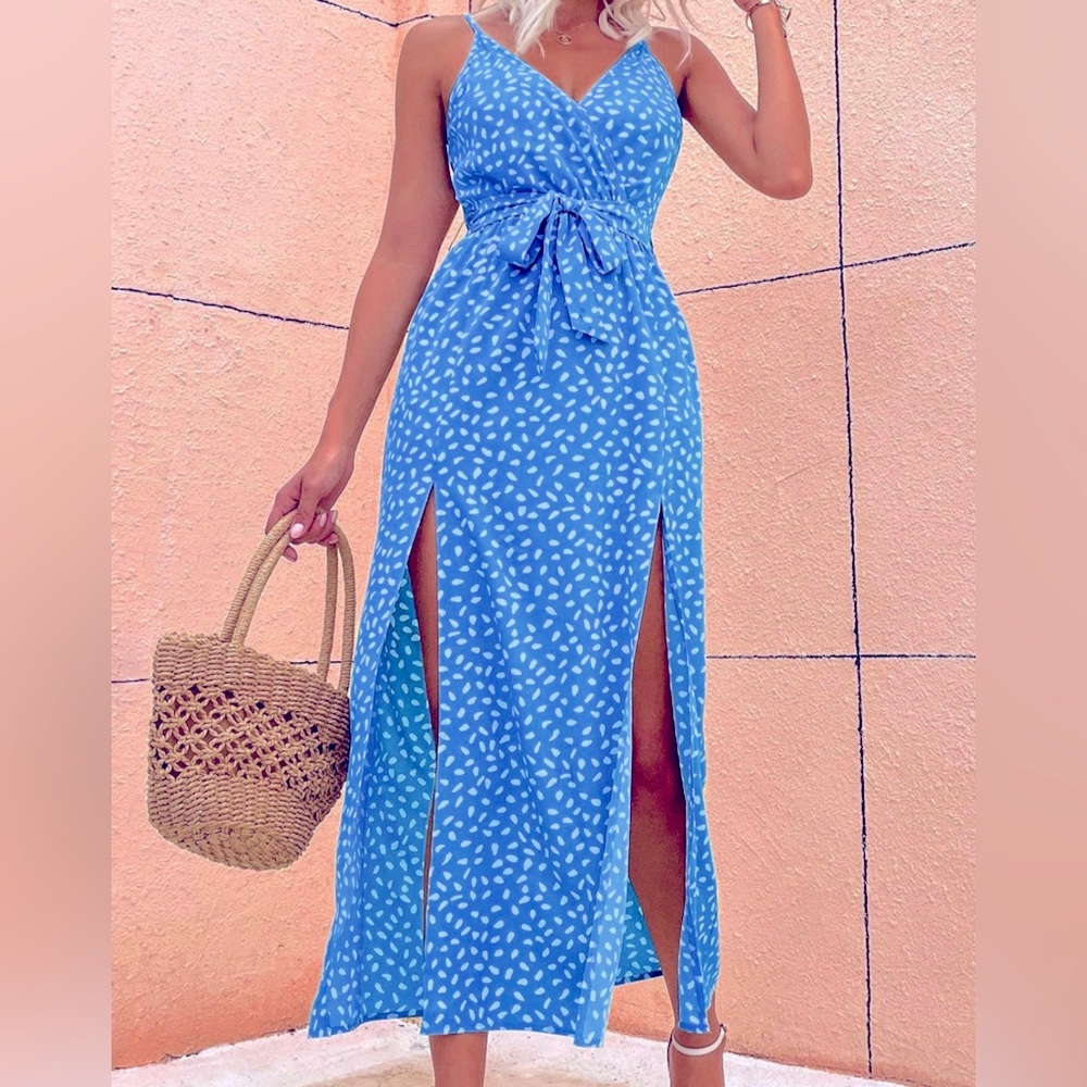 NEW Elegant Blue Sleeveless Wrap Split Spaghetti Strap Dress